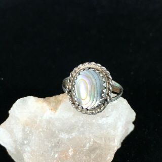 Vintage Sterling Silver Old Pawn Ring Abalone Scroll Edge Sz 4 Petite Patina 925