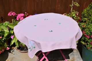 Vintage Pink Table Cloth With Embrodiery Flowers 28 " X 30 "
