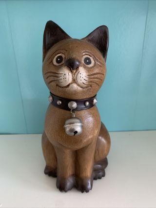 Vintage Hand Carved Wood Cat Figurine Bell Collar 8 " Sitting Kitten Sculpture