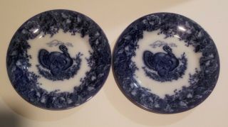 2 Antique Wedgwood Flow Blue Turkey Dinner Plates 10 ".  Last Set - Hurry For T Day