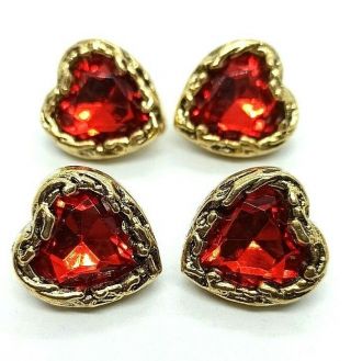 4 Authentic Buttons Vintage Gold Tone Ruby Red Royal Hearts Large Statement 80s