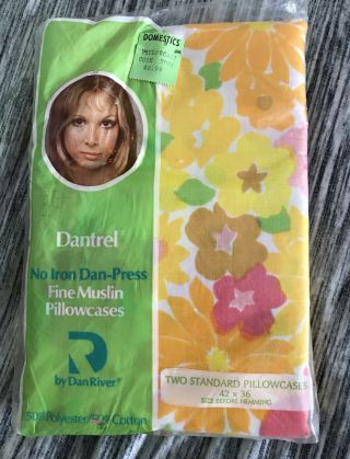 Vtg Dantrel Dan River Retro Floral Mod Pillow Cases Dead Stock Noswt Usa