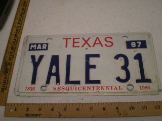1987 87 Texas Tx Vanity License Plate Yale 31 1931 College Last Name Surname