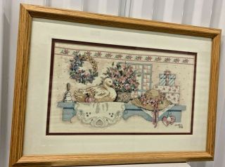 Pretty Vtg Completed Finished Counted Cross Stitch Country Kitchen Shelf Hat