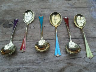 Vintage David Andersen Silver 925s Enamel Spoon Set (6) Norway Cutlery