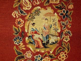 Antique French Royal Large Framed Needlepoint Tapestry Lady Dogs Sun Umbrella