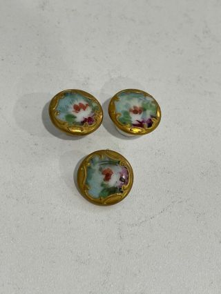 Vintage Set Of 3 Small Porcelain Painted Buttons W/ Gold & Floral Decoration