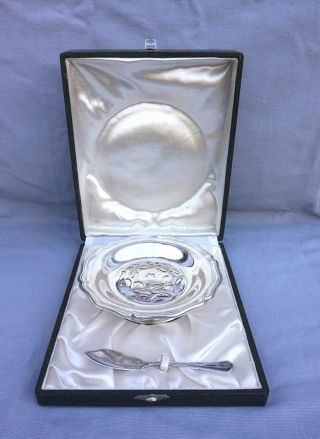 Coquillor French Silverplate Butter Press Mold Dish With Knife Boxed 1940