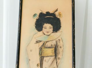 Antique Geisha Girl Watercolor Painting Artist Signed 1917 Oriental Decor