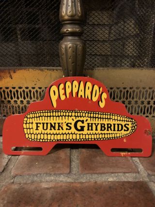 Vintage Peppard’s Funks G Hybrids Metal License Plate Topper Porcelain Gas Oil