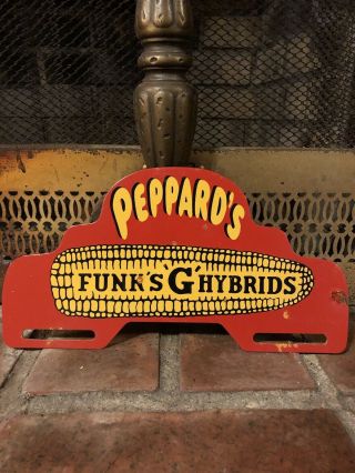 Vintage Peppard’s Funks G Hybrids Metal License Plate Topper Porcelain Gas Oil 2