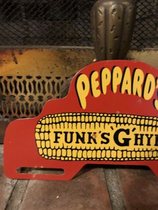 Vintage Peppard’s Funks G Hybrids Metal License Plate Topper Porcelain Gas Oil 3