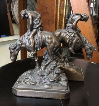 Pair Antique Bronze Clad " End Of The Trail " Bookends Western American