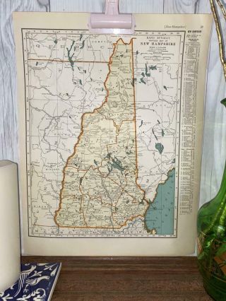 Old Map Hampshire 1937,  Historic Map Of Nh,  Vintage State Map,  Travel Decor