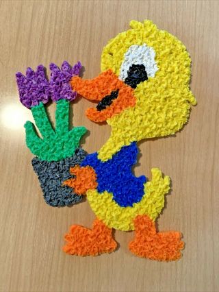 Vintage Melted Plastic Popcorn 18 " Chick Duck Flowers Easter Decoration W/tag