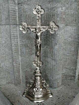 Antique Metal Ornamental Art Nouveau Cross Crucifix Corpus Chapel Altar Standing