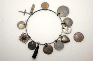 Antique Silver Charm Bracelet / Bangle W/ Victorian Coins & Whitby Jet Drop