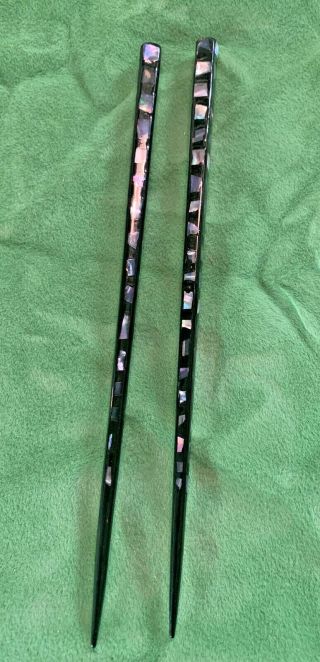 Vtg 9 " Japanese Chopsticks Inlaid Abalone Or Shell Black Lacquer/