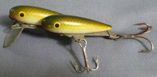 Scarce Vintage Wood Fishing Lure Staley Johnson Twin Min Green Yellow Scale