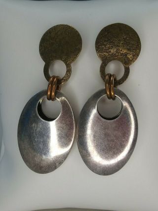 Mb Sf Marjorie Baer Vintage Earrings Mixed Metals Circle & Oval Silver Bronze