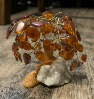 Vintage Bonsai Good Luck Tree Of Life Twisted Brass Gold Amber Stone Figurine