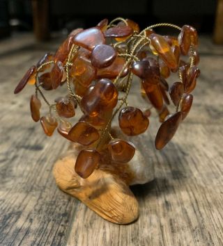 Vintage Bonsai Good Luck Tree of Life twisted brass gold amber stone figurine 2