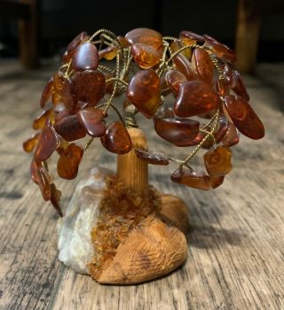 Vintage Bonsai Good Luck Tree of Life twisted brass gold amber stone figurine 3