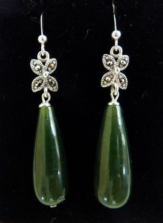 Vintage Art Deco Sterling Silver Marcasite & Jade /jadeite Earrings