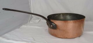 Antique French Heavy Copper Pan Hammered - Wrought Iron Handle Diam 10.  63 "