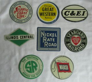 Set Of Eight (8) Different Vintage Metal Post Cereal Railroad Emblems