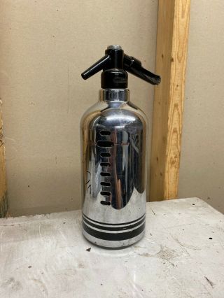 Vintage Mid Century Soda King Glass & Stainless Steel Sleeved Seltzer Bottle Big