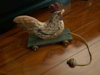 Vintage Rustic Wooden Rooster Car Pull Toy Pull Rope Wood Knob