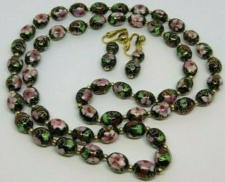 Vintage Black Floral Cloisonné Bead Enamel Necklace 28 " W/ Clip Earrings Set