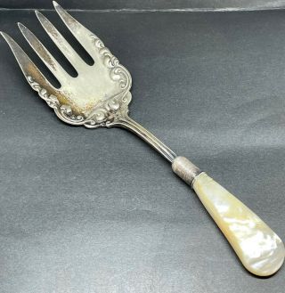 Vintage Sterling Silver Old Large Serving Dish Fork Mother Of Pearl Handle