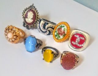 Group Of Eight Vintage Cocktail Rings Good Quality Various Sizes And Designs