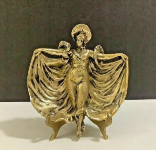 Antique Victorian Art Nouveau Lady Repousse Solid Brass Tray Figurine W/stand