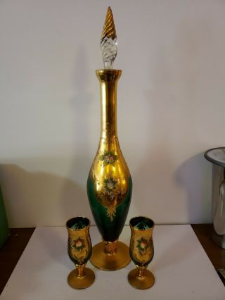 Vintage Ornate Glass Wine Bottle And Stemmed Glasses 3 Pc Set Floral Hand.