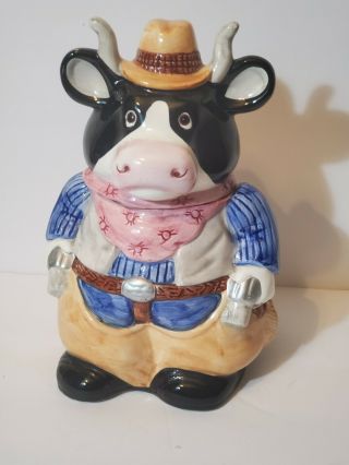 Retro Vintage Cow Cookie Jar 12 " H X 8 " W Cowboy Hat Gun Holster W Orginal Box