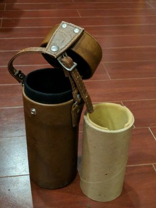 Vintage Brown Hard Leather Camera Lens Storage Case 10 " Tall Carry Strap