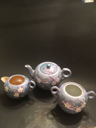 Vintage Lusterware Teapot Set Creamer Sugar Japan Peach Blue Floral