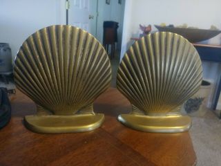 Vintage Brass Sea Shell Shaped Bookends Natural Patina Made In Korea