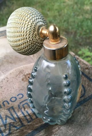 Vintage 4 " Glass Perfume Bottle W Atomizer Brass Blue Color Unique Shape