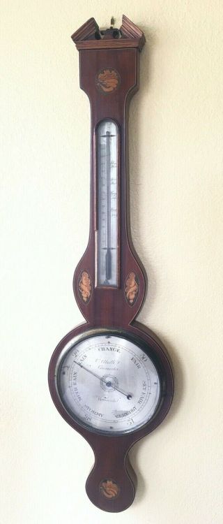 Antique Barometer & Thermometer,  38 In,  Shell Design Inlay,  Cirencester