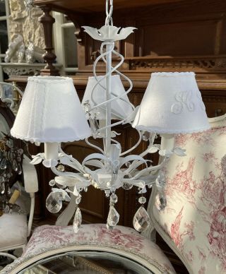 Antique Vintage French Chandelier In White With Porcelain Flowers Tole Ware