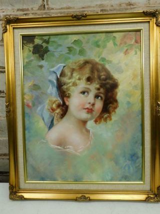 Vintage Old Painting Oil Girl Portrait