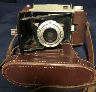 (a4) Vintage Kodak Tourist Ii Folding Camera With Brown Leather Case