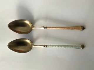 David Andersen Two Enamel Guilloche Sterling Jeweled Spoons 1888 - 1925 Mark Rare