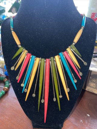 Striking Vintage Multi - Color Bib Spiky Fringe Wood Necklace With Beads