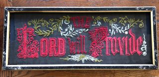 Antique Framed Turn Of The Century Wool Work Embroidery Religious Red 22” X 9”