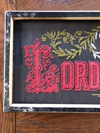 Antique Framed Turn Of The Century Wool Work Embroidery Religious Red 22” x 9” 2